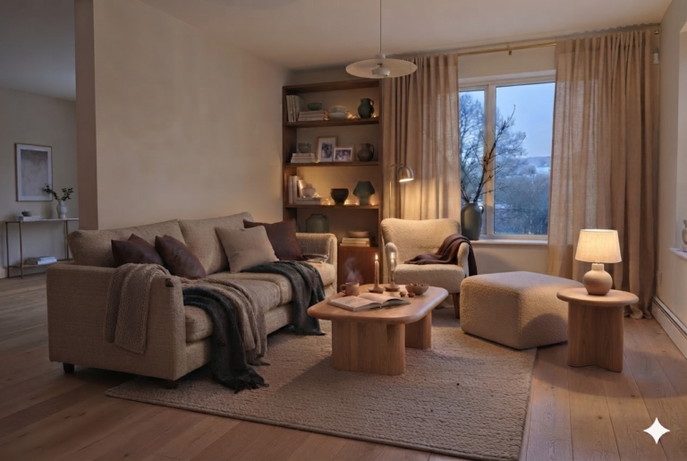 Linen curtains in winter diffusing dusk light in a warm candlelit living room