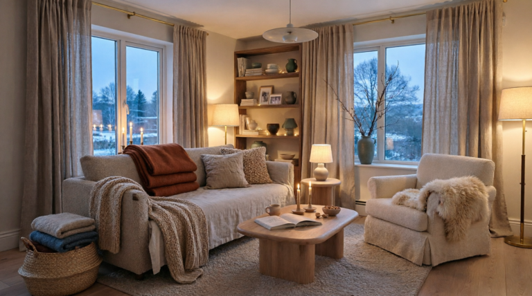 Layering home textiles on a sofa — linen base, rust wool throw, chunky knit and sheepskin accent in a candlelit winter living room