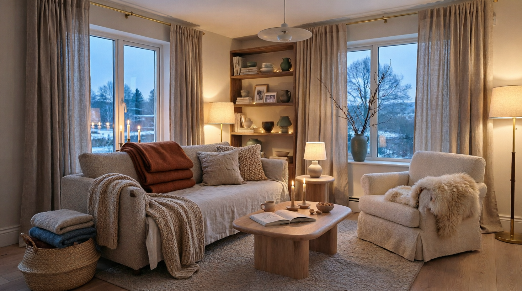 Layering home textiles on a sofa — linen base, rust wool throw, chunky knit and sheepskin accent in a candlelit winter living room