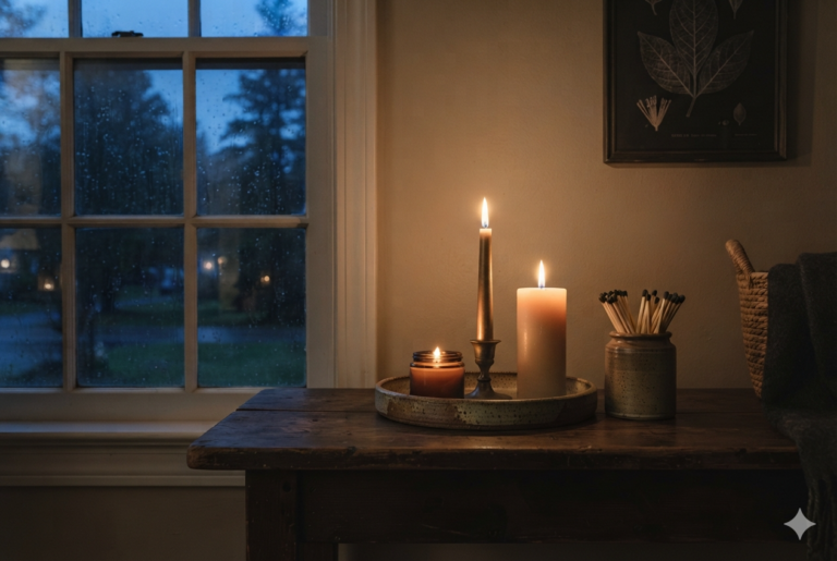 Winter candle decor ideas: three candles of different heights grouped on a stoneware tray, glowing warmly beside a dark window at dusk.