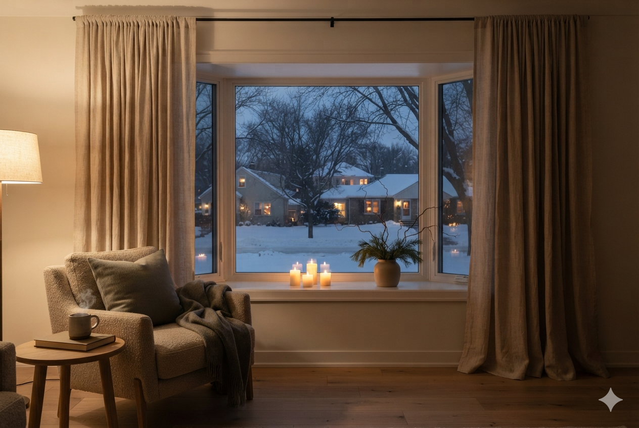 Winter window decor ideas: a lit windowsill with three candles and a hyacinth bulb in glass behind pooling linen curtains at dusk.