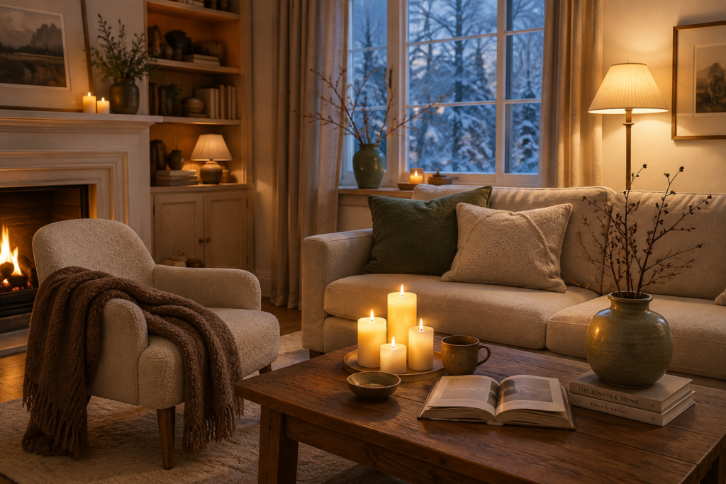 A chestnut-brown bouclé throw echoes the roasted chestnut accent already on the built-ins, casually folded over the armchair.