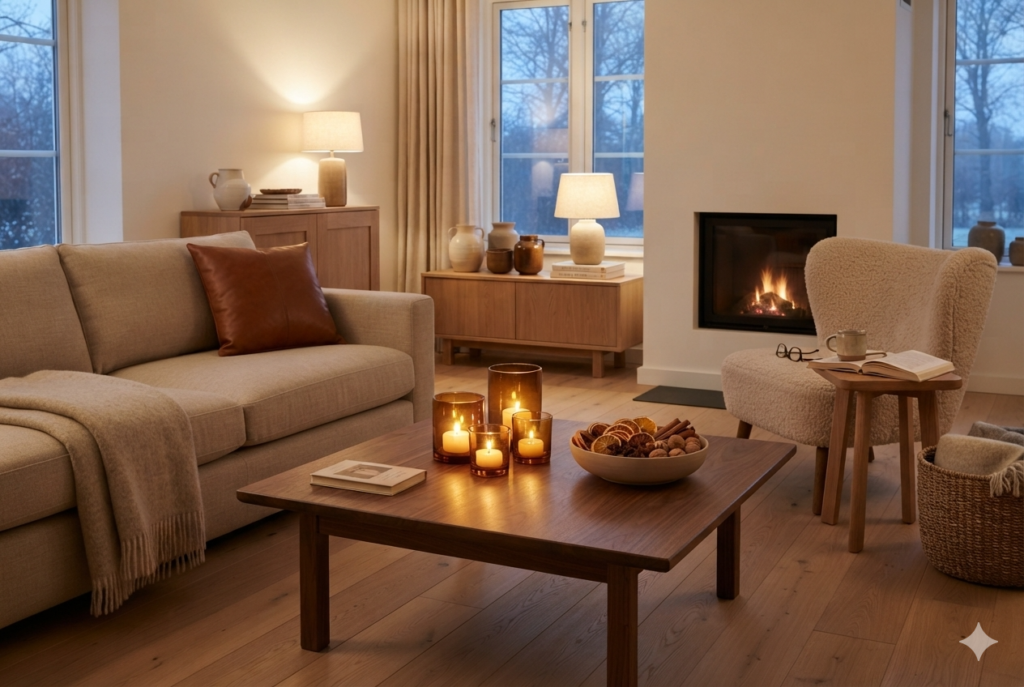 An oatmeal wool throw stays neutral so a single roasted chestnut leather-look cushion can do the talking.