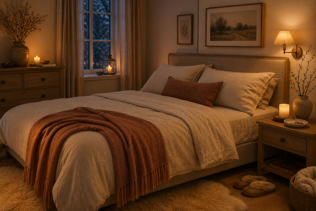 An oatmeal linen duvet cover, one small muted clay-toned throw folded at the foot of the bed, and a single flameless candle on the nightstand.