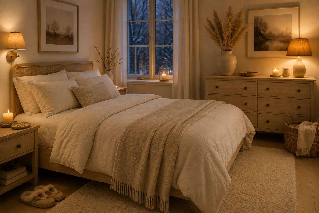 A birch‑and‑cream duvet set forms the quiet foundation, while one small amber‑toned lampshade warms the light itself instead of adding a bold textile.