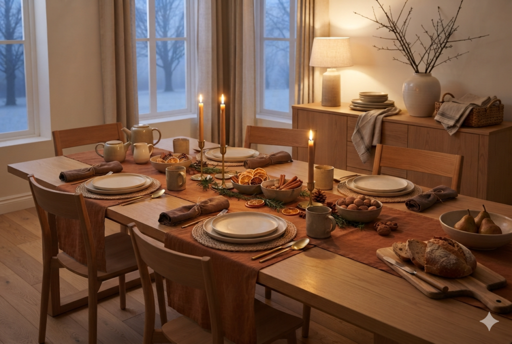 A cinnamon‑toned linen table runner anchors the table, with clove‑brown cloth napkins rolled rather than folded flat.
