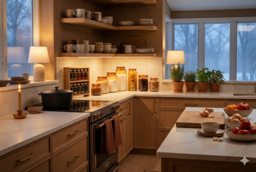 On the windowsill, a mini indoor herb garden—parsley, thyme, and rosemary in small terracotta pots—adds freshness and fragrance, softening the darker tones with living green.
