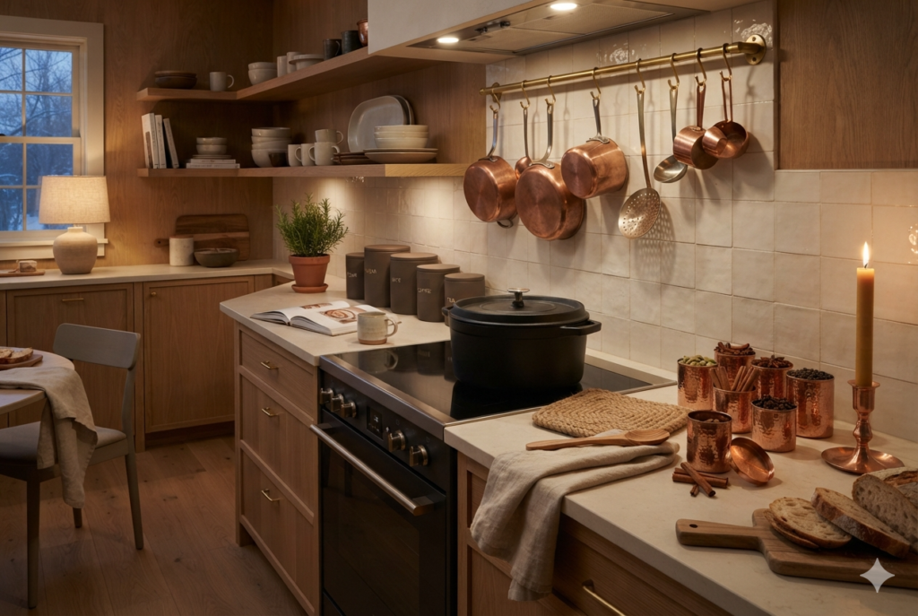 A set of clove-brown stoneware canisters for flour and sugar, and a woven jute trivet by the stove, add texture.