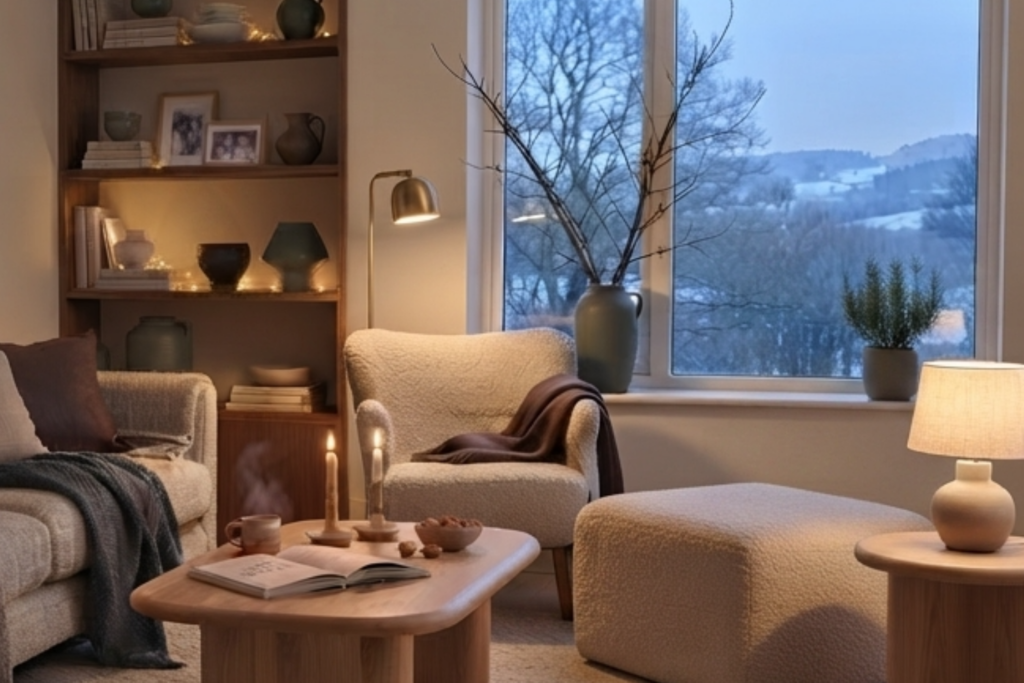 A cozy reading nook (hyggekrog) in the corner of a hygge living room.