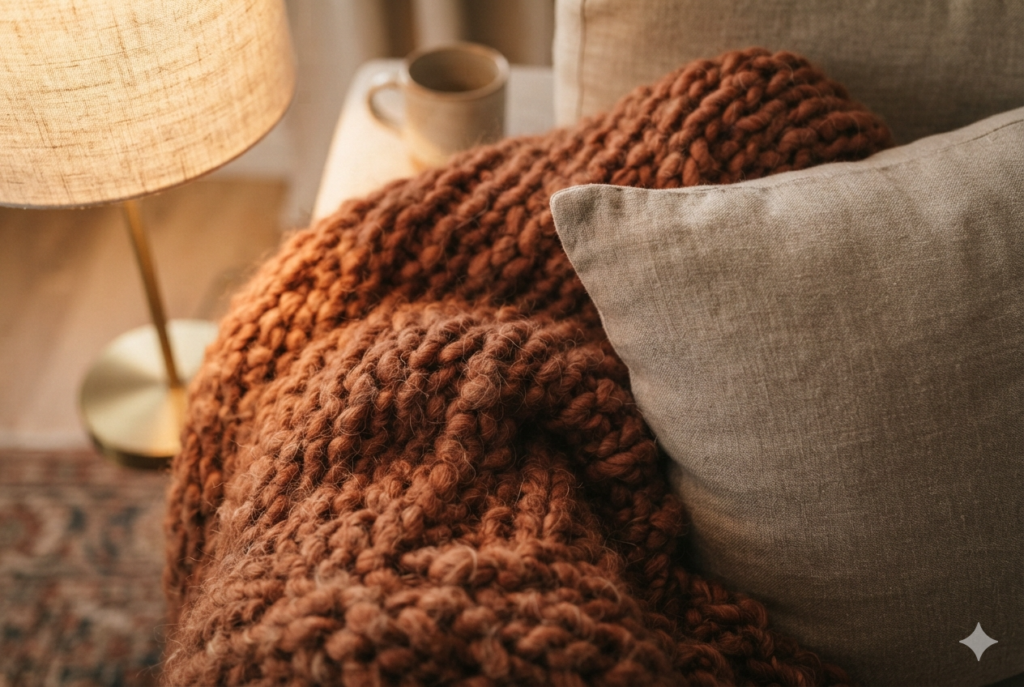 A Hygge Color Palette & Textures bring coziness and warmth to a living room, especially in extreme winter.