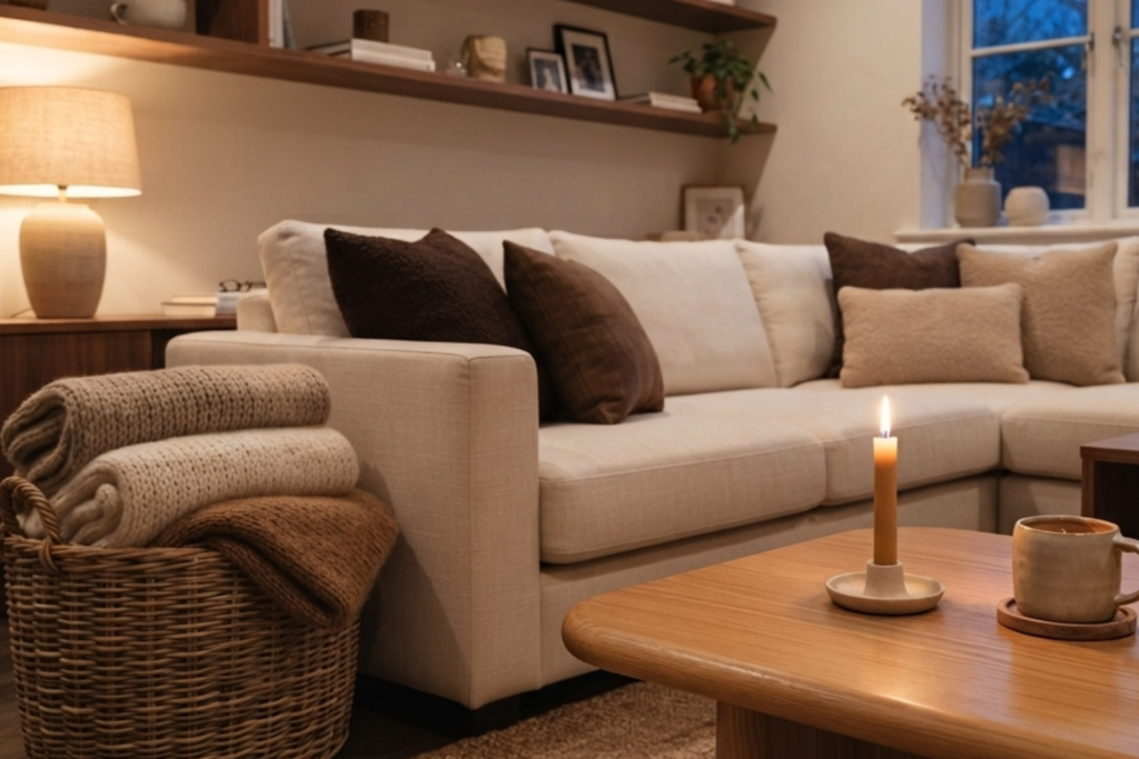 Scandinavian living room design featuring warm minimalism, clean lines, and cozy hygge decor accessories like wool throws and warm lighting.