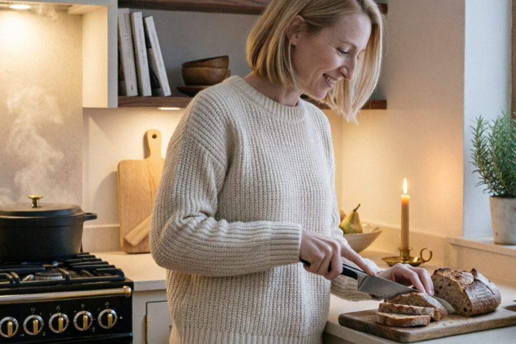Hygge kitchen decor details showing natural wood styling, a wooden cutting board, and earthy stoneware ceramics on a counter.
