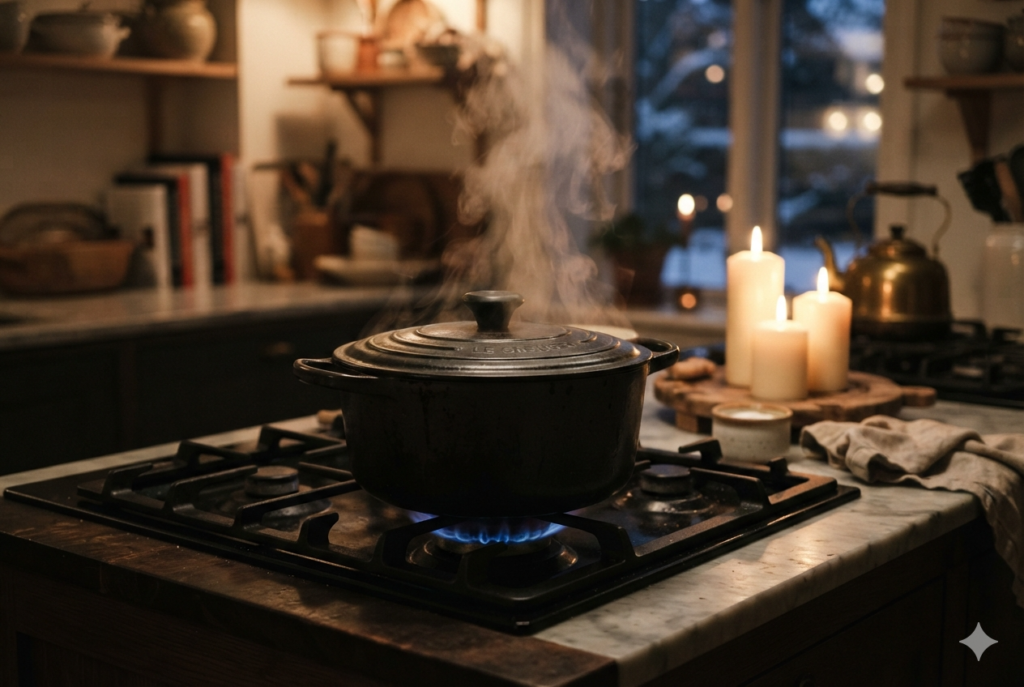 Cast iron Dutch oven on a stovetop for Danish winter cooking rituals, with warm hygge kitchen lighting and candles in the background.