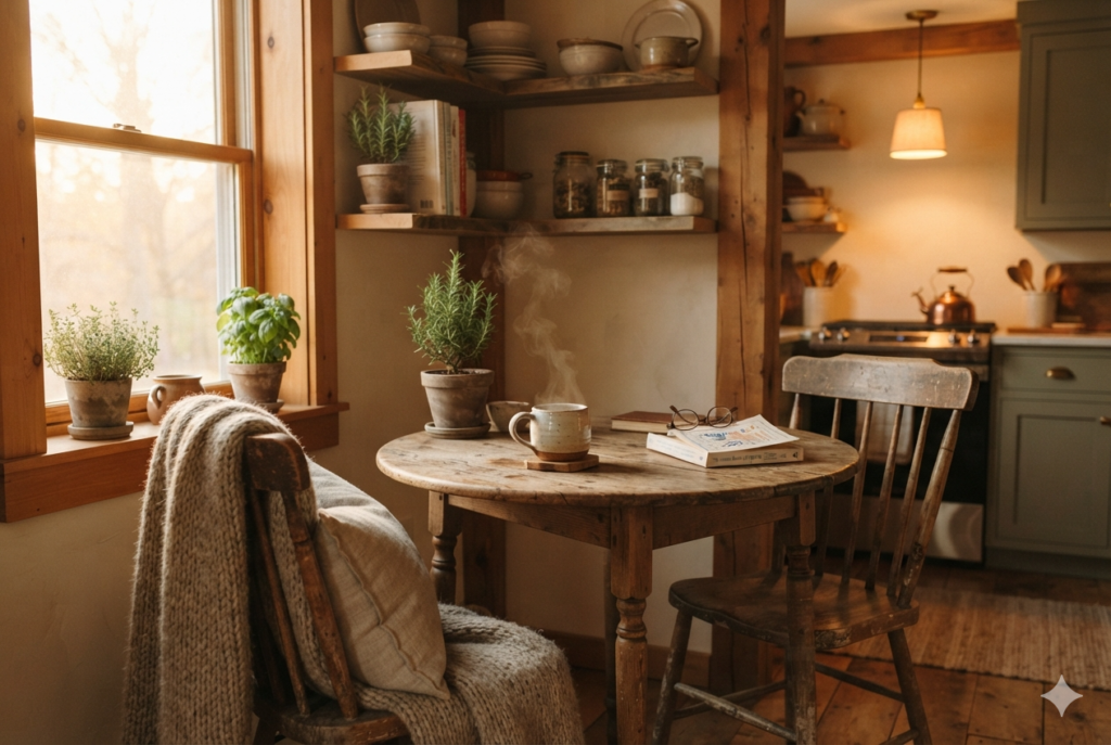 A cozy hygge kitchen nook featuring a small wooden bistro table, a chunky knit wool throw blanket, and warm pendant lighting.