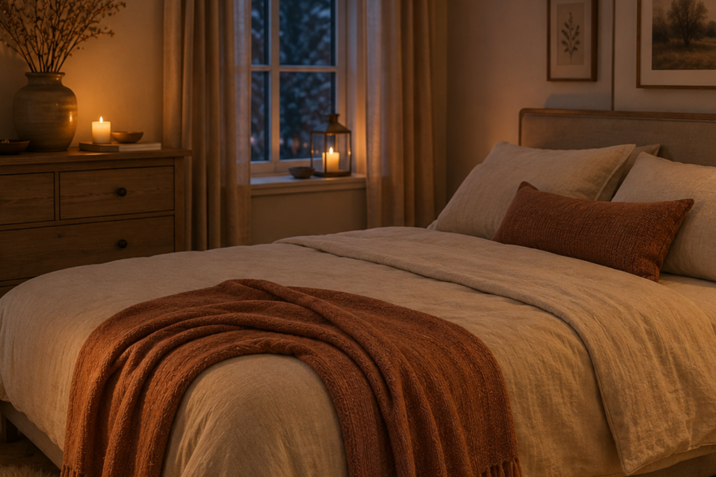 Hygge bedroom decor essentials featuring layered wool throw blankets, flannel sheets, and natural textiles.