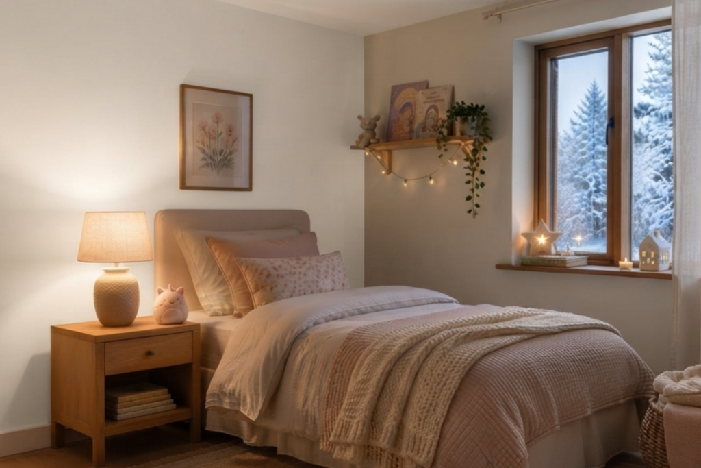 Layered lighting for bedroom featuring a warm 2700K floor lamp illuminating a cozy reading nook for better sleep.
