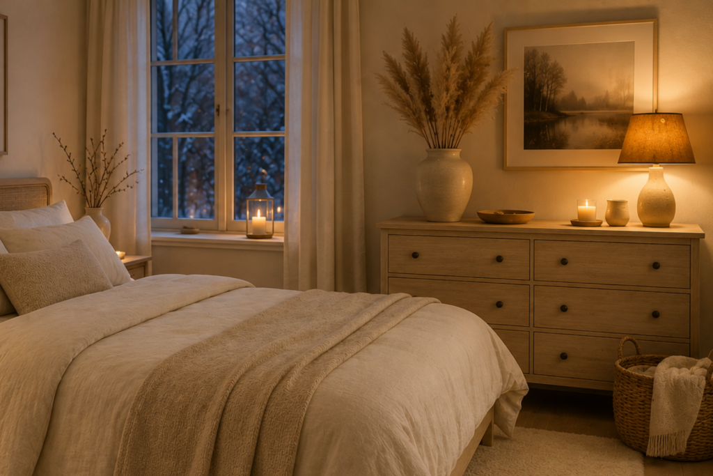 Hygge bedroom color palette featuring warm neutral tones, solid wood furniture, and natural linen textures.