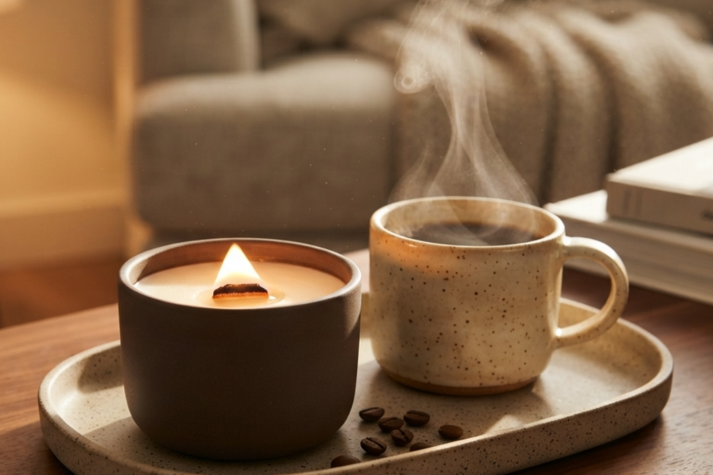 Hyggekrog lighting ideas featuring a lit scented soy wax jar candle for cozy ambiance.