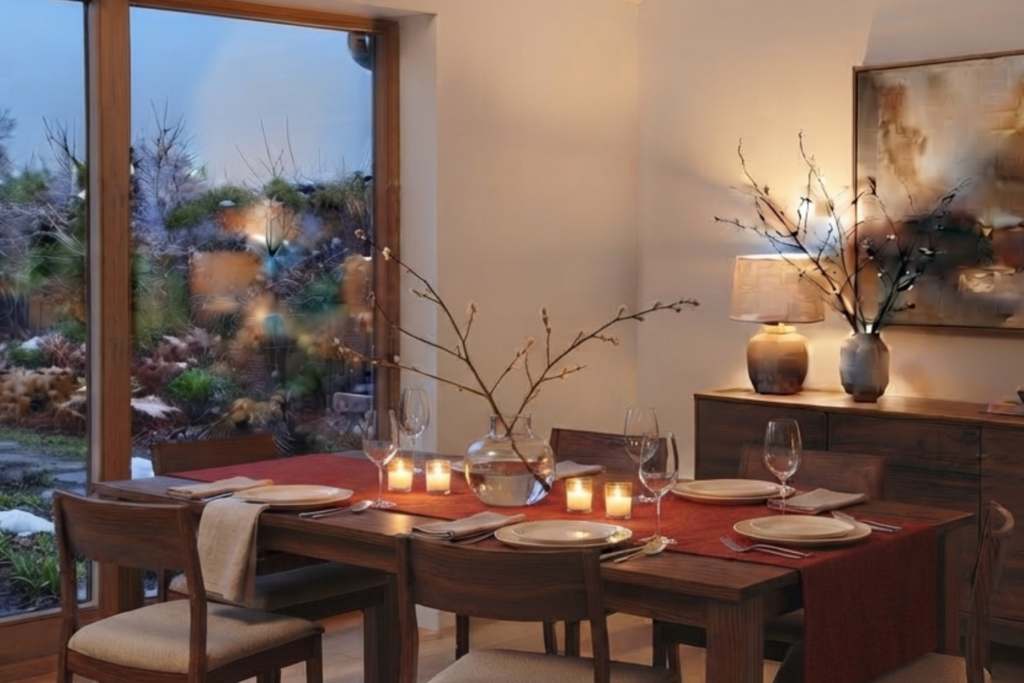 Cozy dining room colors featuring warm greige walls, solid wood furniture, and natural linen textiles.