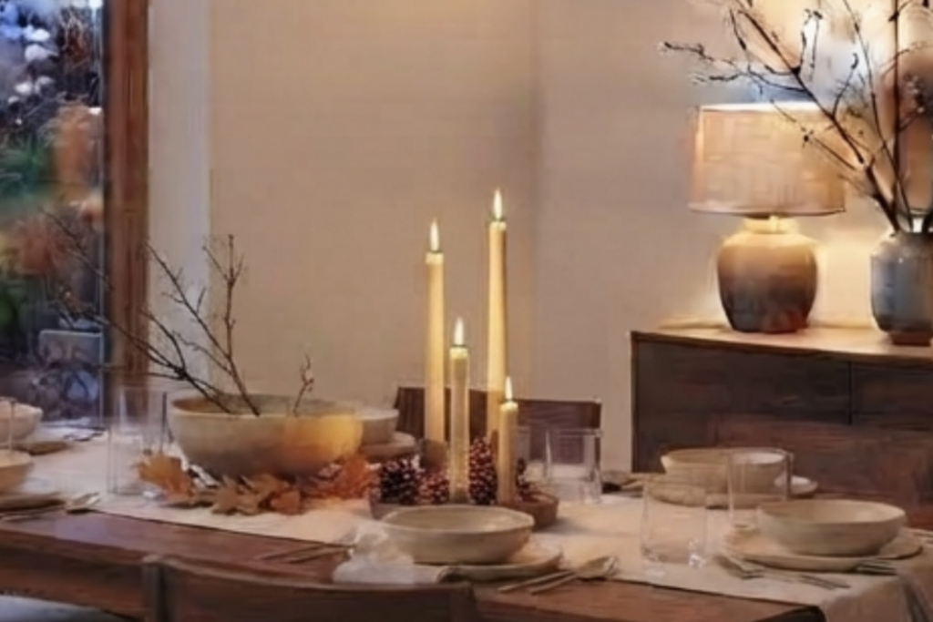 Danish dining lighting featuring a low-table lamp on the console and safely placed taper candles for cozy ambiance.
