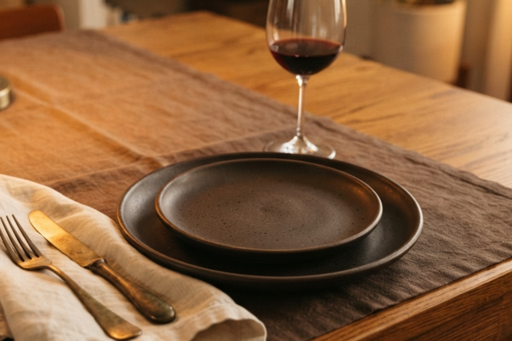 Hygge dining table decor featuring a linen runner, natural wood accents, and earthy stoneware plates.