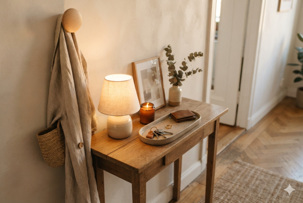 Small entryway hygge decor featuring a narrow console table, ceramic key tray, and wooden peg hook.