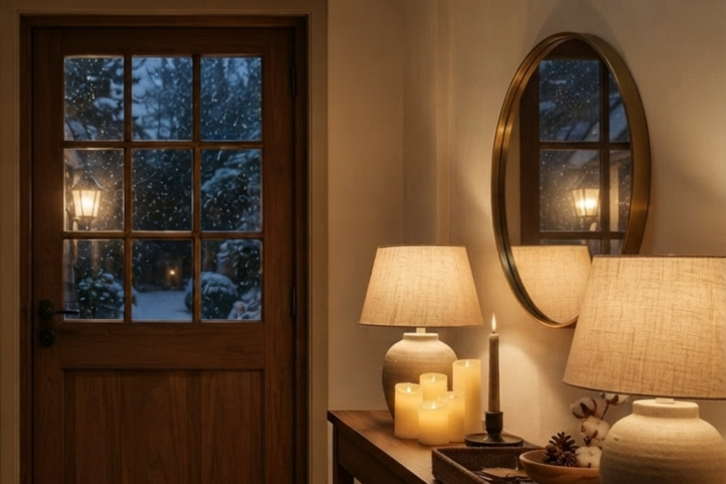 Hygge entryway lighting ideas featuring a warm 2700k table lamp and a lit beeswax candle for a welcoming ambiance.