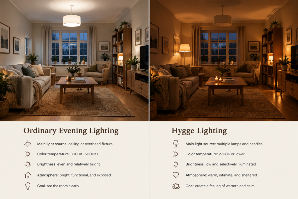 Side-by-side comparison of a living room with ordinary overhead lighting versus warm, layered hygge lighting with lamps and candles