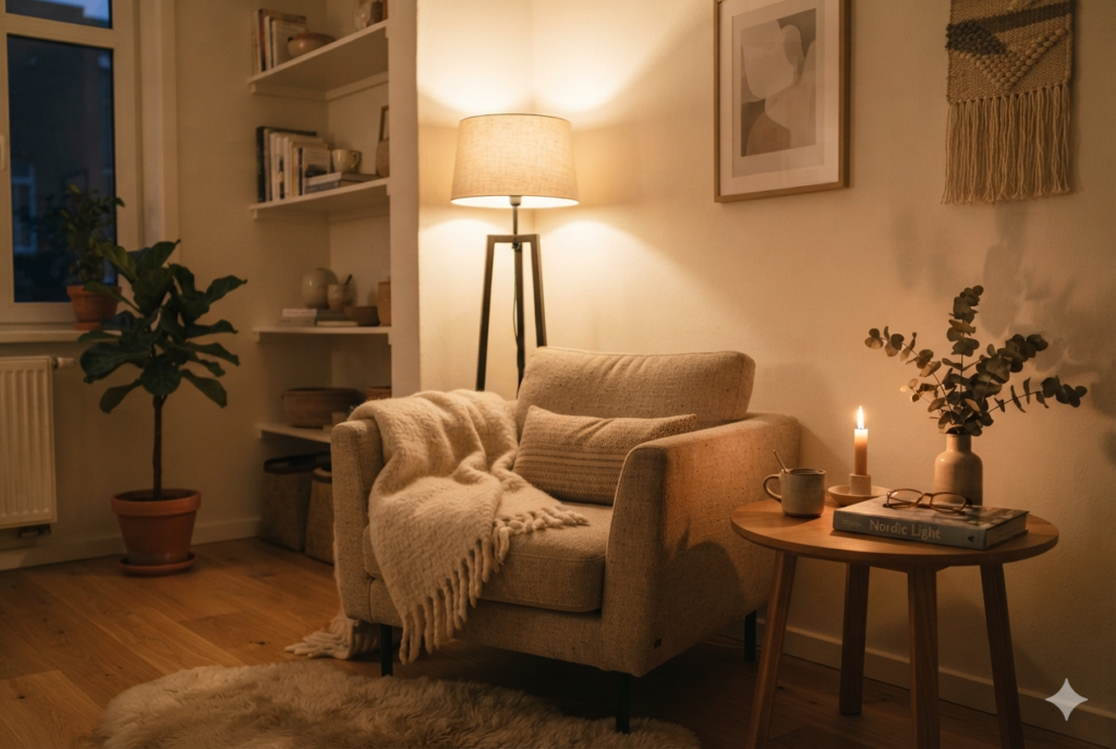 Hygge lighting ideas for small apartments featuring indirect floor lighting and a warm ambient glow in a compact space.