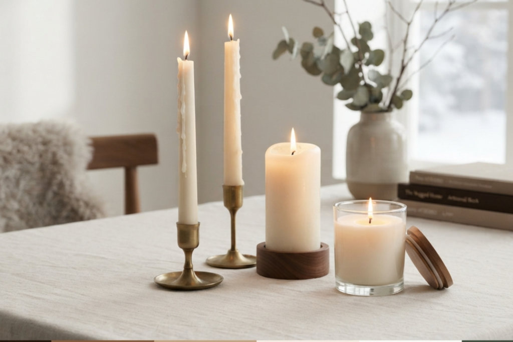 The Best Types of Hygge Candles: Scandinavian candle-buying guide featuring ivory tapers, pillar and jar candles, with tips on material, shape, wick and burn.
