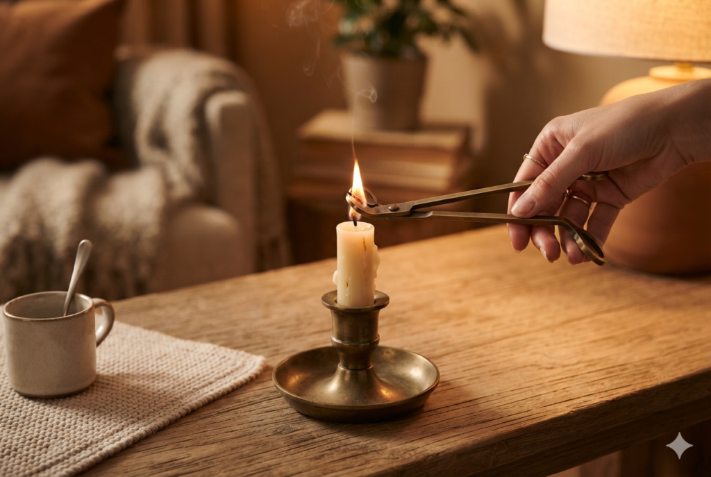 Hygge candle safety tips in action: trimming a candle wick to 1/4 inch to prevent soot and ensure an even burn.