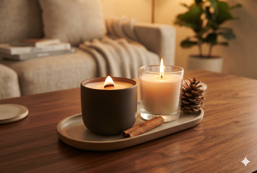 Hygge candle scents profile featuring natural winter ingredients like cinnamon, spruce, and vanilla.