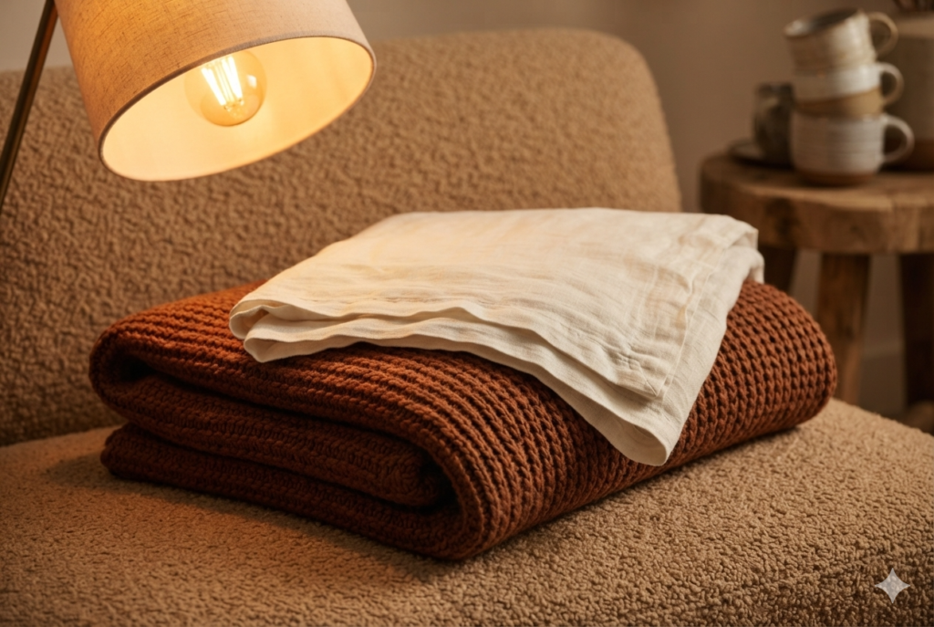 Essential hygge fabric types showing the tactile contrast between chunky wool, crisp linen, and soft boucle textiles.