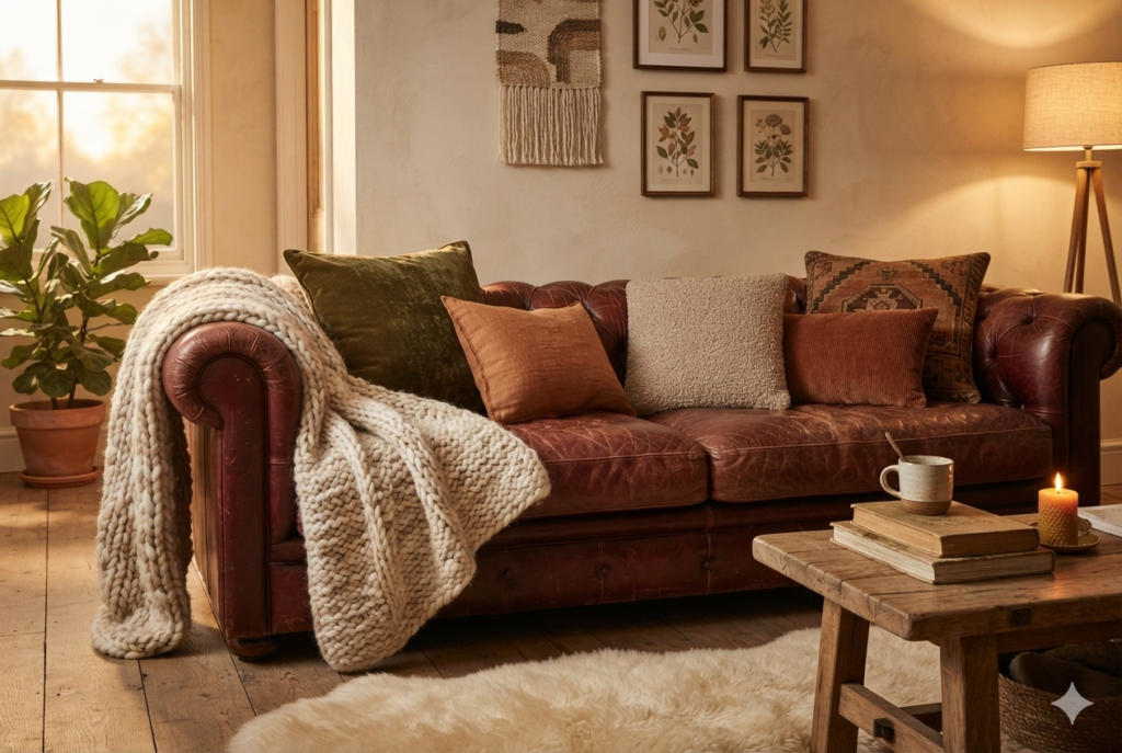 Cozy hygge textiles featuring layered wool throw blankets, linen and velvet coverlets, and textured boucle cushions on a leather living room sofa.