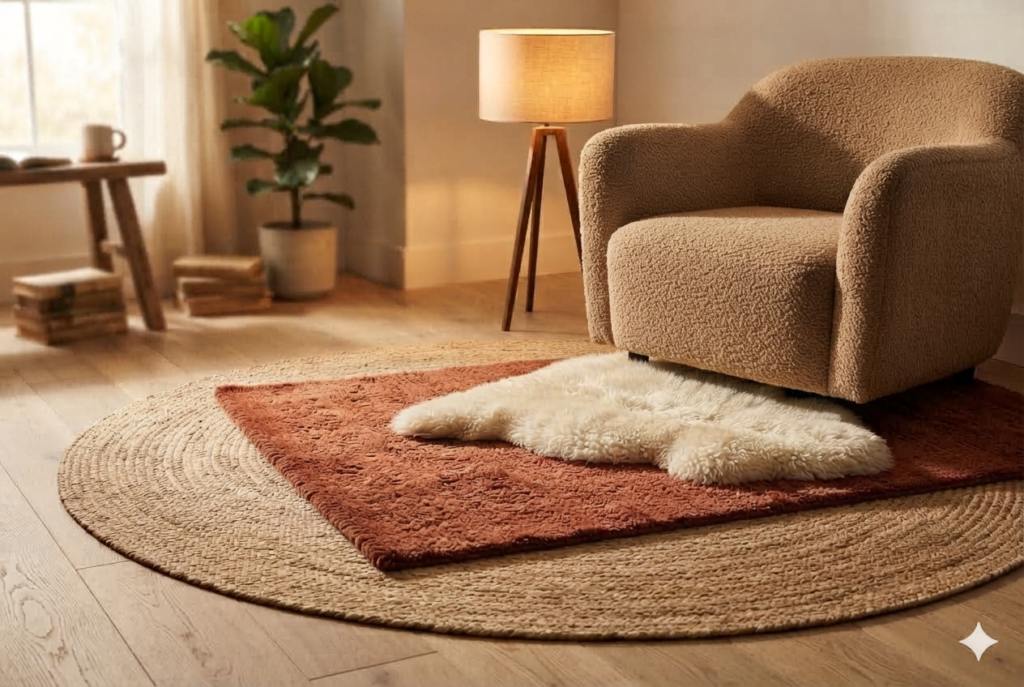 Best rugs for hygge layering showing a sheepskin rug where feet land, on top of a plush wool rug layered over a flat-weave jute base on a timber floor.